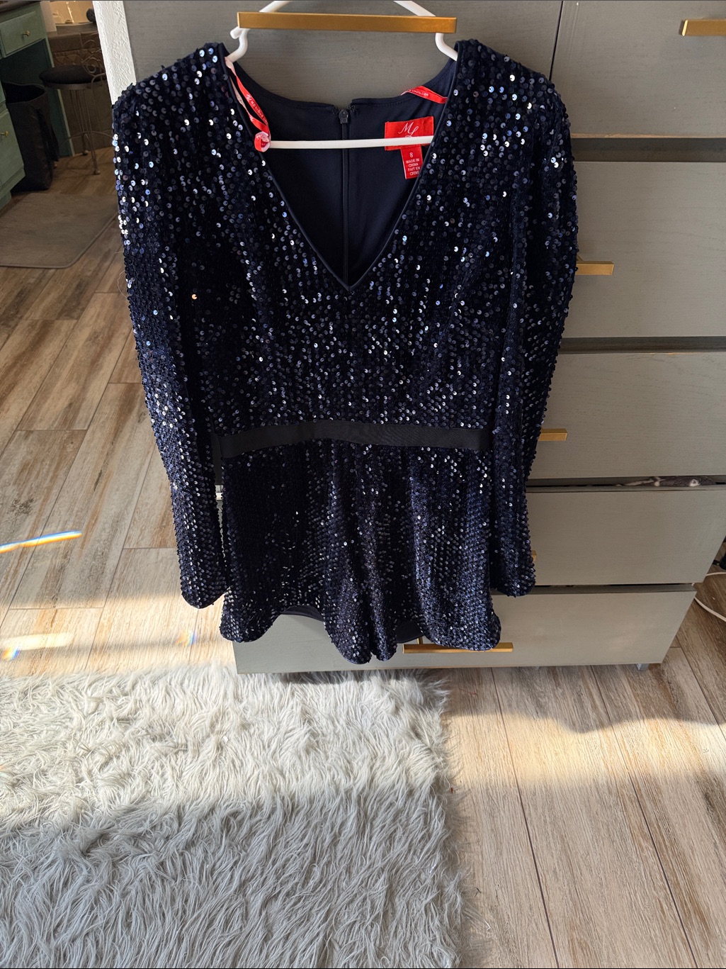 Monique Lhuillier Navy Sequin V-Neck Long Sleeve Romper